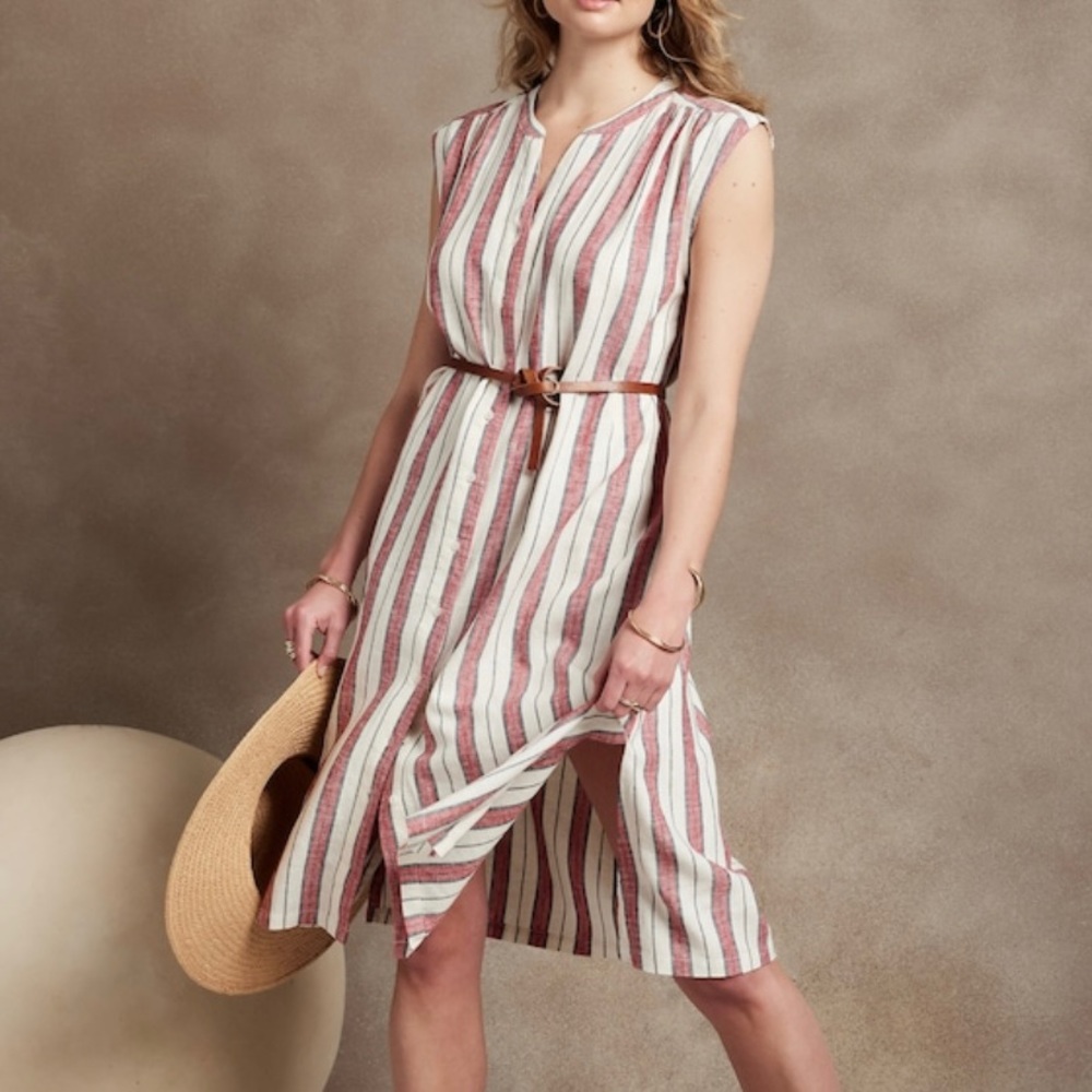 Banana Republic XL linen blend shirt dress, red/blue/white striped